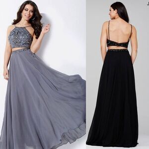 Jovani Gray Beaded Sequin Chiffon Two-Piece Maxi Dress 33848